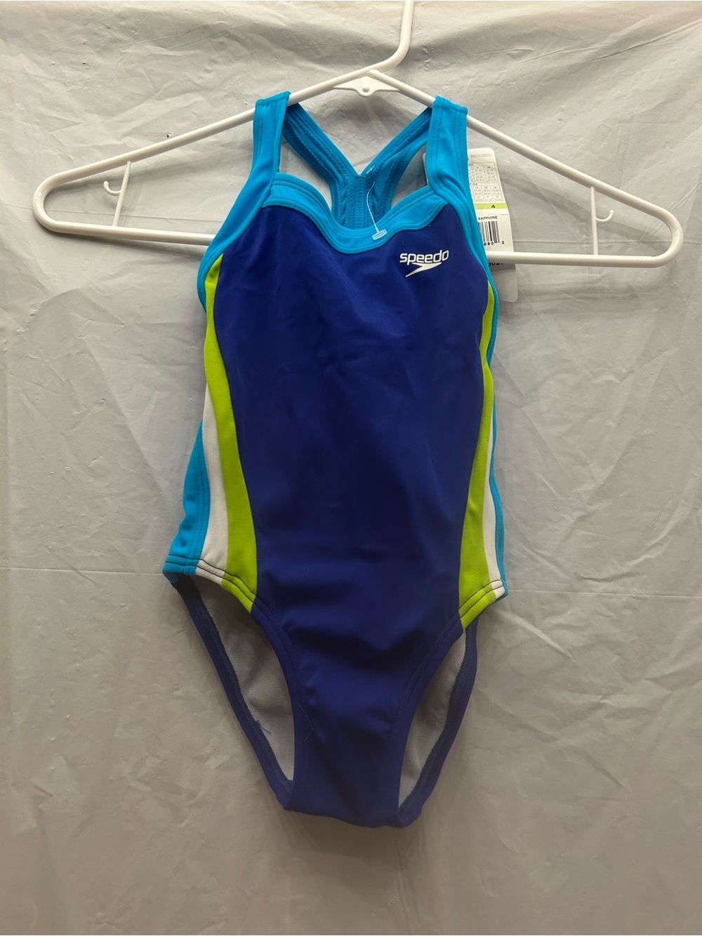 Speedo Girl’s Blue/White/Green Racerback One-Piece Swimsuit Sz 4 NWWT